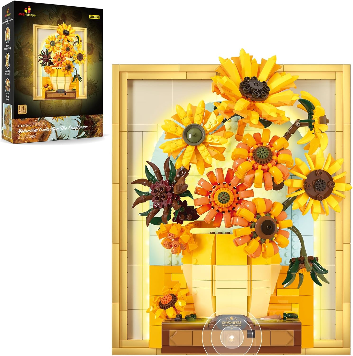 JMBricklayer Flowers Sunflower Building Sets for Adult with Lights 70004, Van Gogh Wall Art Crafts Ideas Flower Bouquet, Painting Frame Room Decor, Valentine’s Day Birthday Gifts for Women Girl