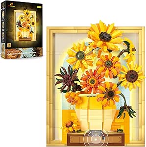 JMBricklayer Set da costruzione con girasole fiori per adulti con luci 70004, Van Gogh Wall Art Crafts Idee Bouquet di fiori, cornice per decorazione della stanza, idee regalo di compleanno per donne