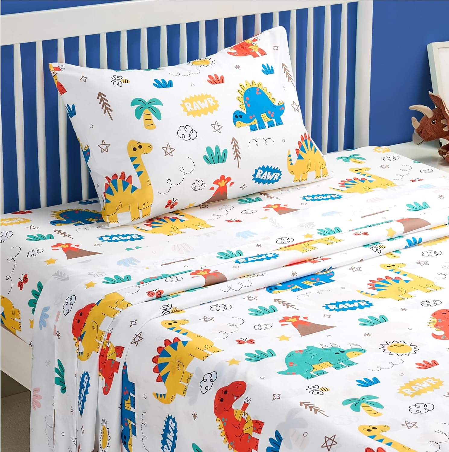 Joiedomi Kids Full Sheet Set Dinosaur - 4 Piece Soft Microfiber Bed Sheets - Deep Pocket Wrinkle Free, Cozy Toddler Bedding Set, Fade Resistant Breathable for Boys Girls Teens Full Colorful Dinosaur