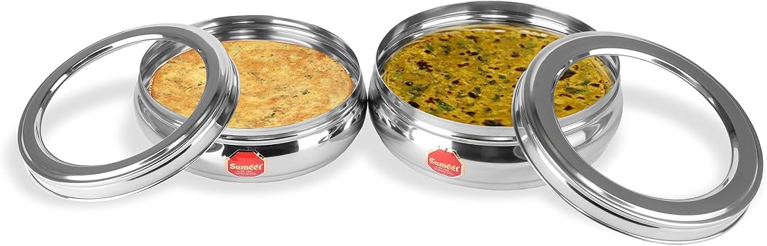 Sumeet Stainless Steel Belly Shape Flat Canisters/Puri Dabba/Storage Containers Set of 2Pcs With See Through Lid (No. 10 & No.11) (17.1cm & 18.4cm Dia) (1.1Ltr & 1.5 Ltr Capacity)