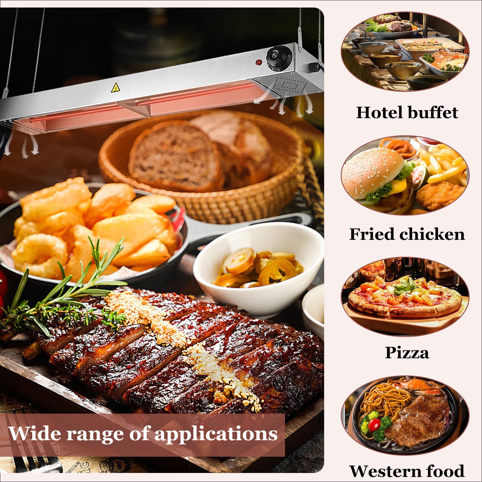 Lampara de Calor para Alimentos, Acero Inoxidable Lámpara de Calor Cocina, Comercial Lámpara Calentadora de Platos, Profesional Lámpara Calentamiento Infrarojos para Buffet (90cm, 2piezas)