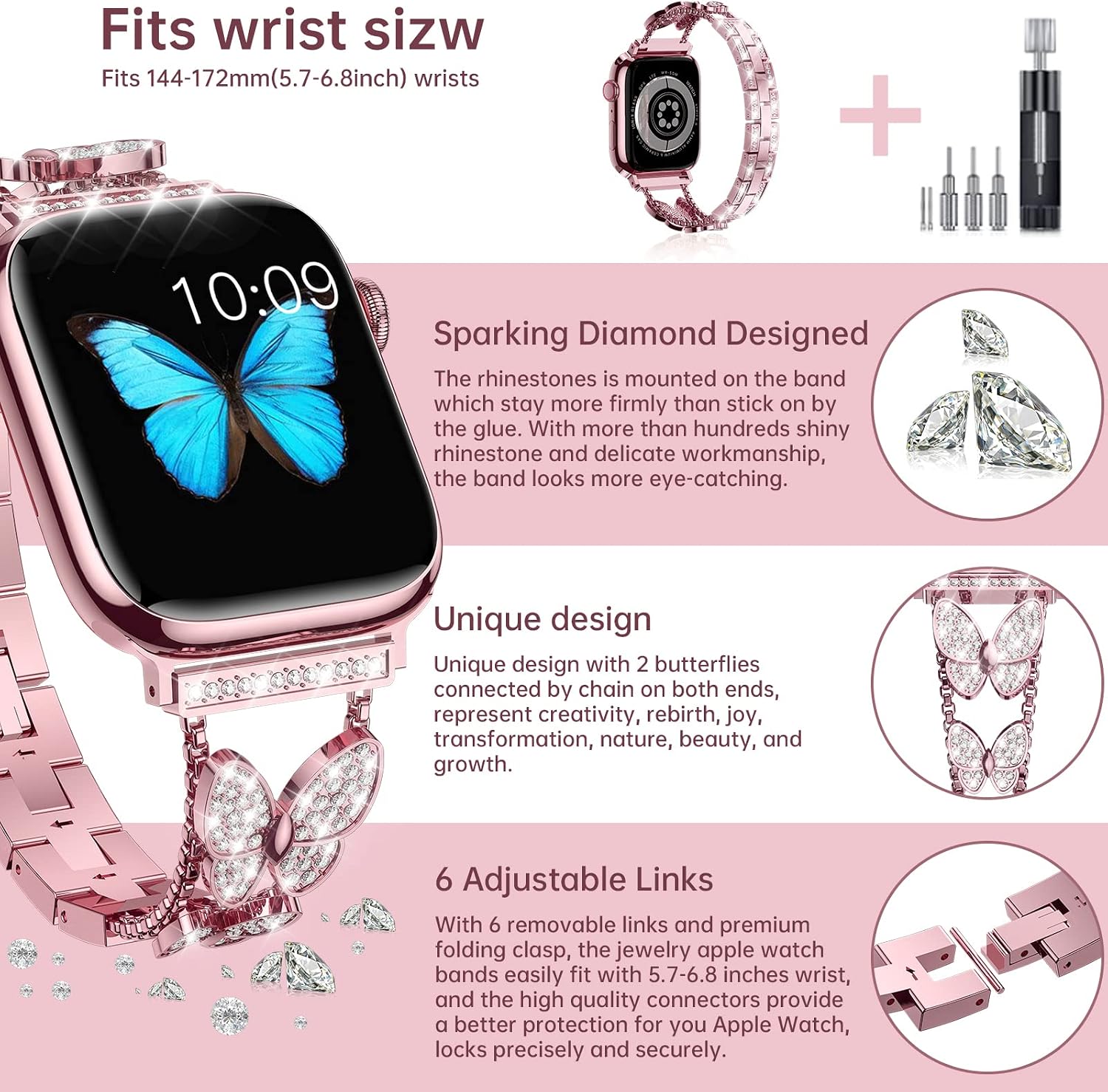 for Apple Watch Band 38mm 40mm 41mm 42mm 44mm 45mm 49mm, Bling Butterfly Jewelry Diamond Rhinestone Metal Strap for Apple Watch Series 8/7/6/5/4/3/2/1/SE/SE2/Ultra