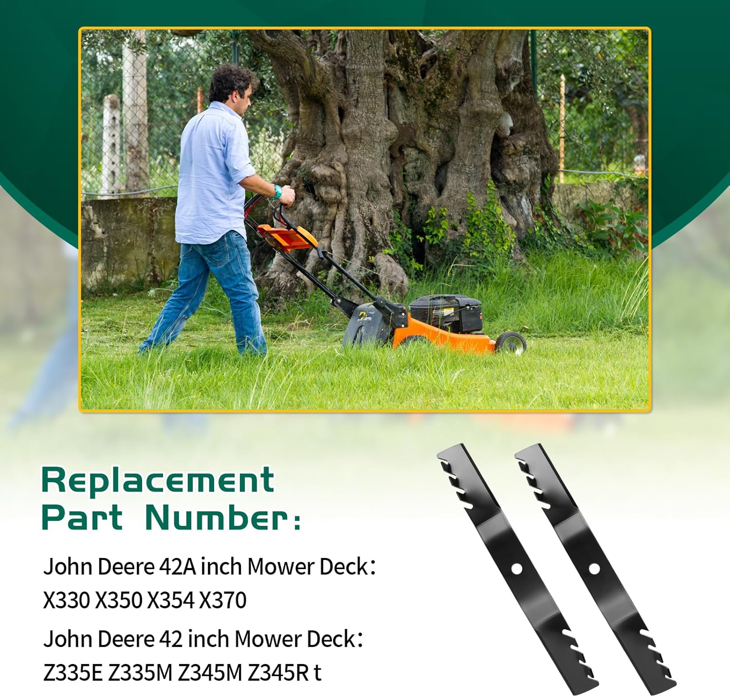 Belleone M170642 Mulching Blades Fits for John De ere Z335E Z335M Z345M Z345R X330 X350 X354 X370 X380 Riding 42 Inch Mower Deck, Replaces for UC22008, 2 Pack