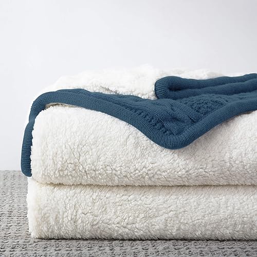 Miniatura 2 de Longhui bedding Manta de punto trenzado acrílico Sherpa  Gruesa, suave, grande, acogedora manta de lana de punto gris azul para sofá, cama, tamaño