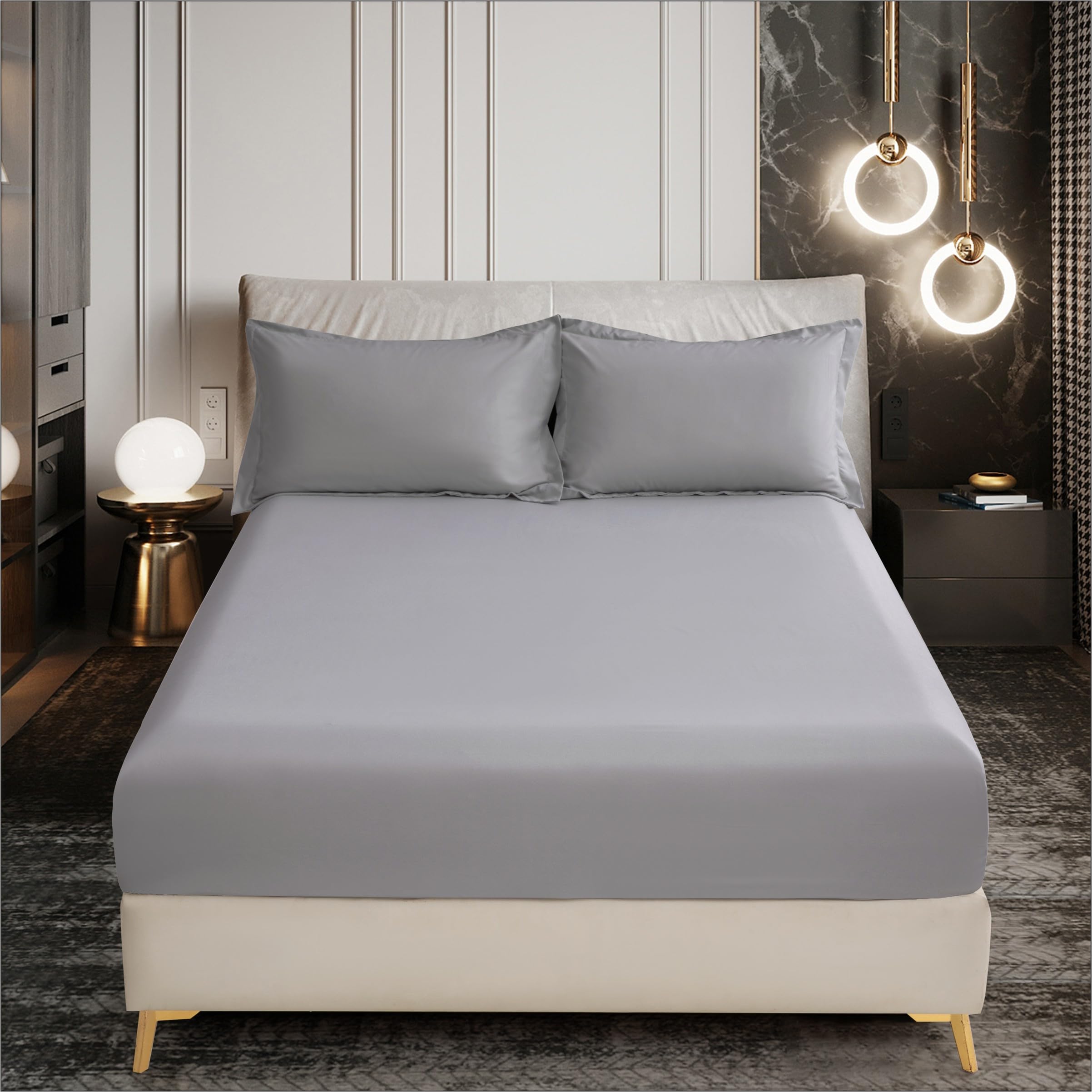 D DONETELLA FEEL THE LUXURY Bedding Fitted Sheet - Fits 180x200 Cm Bed For King Bed 3 Pcs (1 Fitted Sheet and 2 Pillowcases) - 35 Cm Deep Pocket - Solid Bed Sheet