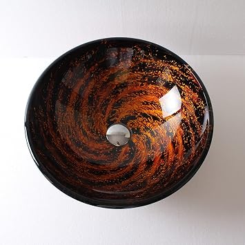 Bathroom Vessel Sink, Round Tempered Glass Vessel Sink Orange and Black Vessel Bowl Sink Artistic Countertop Vanity Vessel Sink with Pop Up Drain Combo, Waterfall Faucet, 420×420×145mm