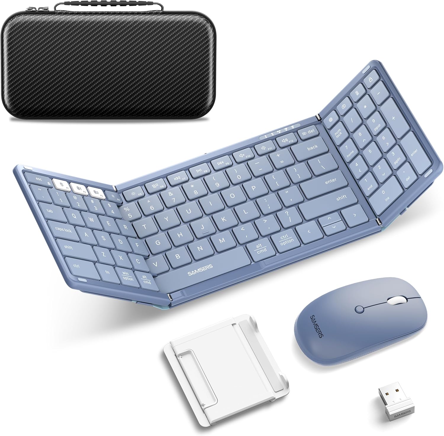 Foldable Keyboard and Mouse, Samsers Folding Bluetooth Keyboard Combo, 2.4G + BT5.0 x 2, Full-Dimension Moveable Journey Keyboard & Rechargeable Wi-fi Mouse for Home windows Android iOS Mac OS, Blue