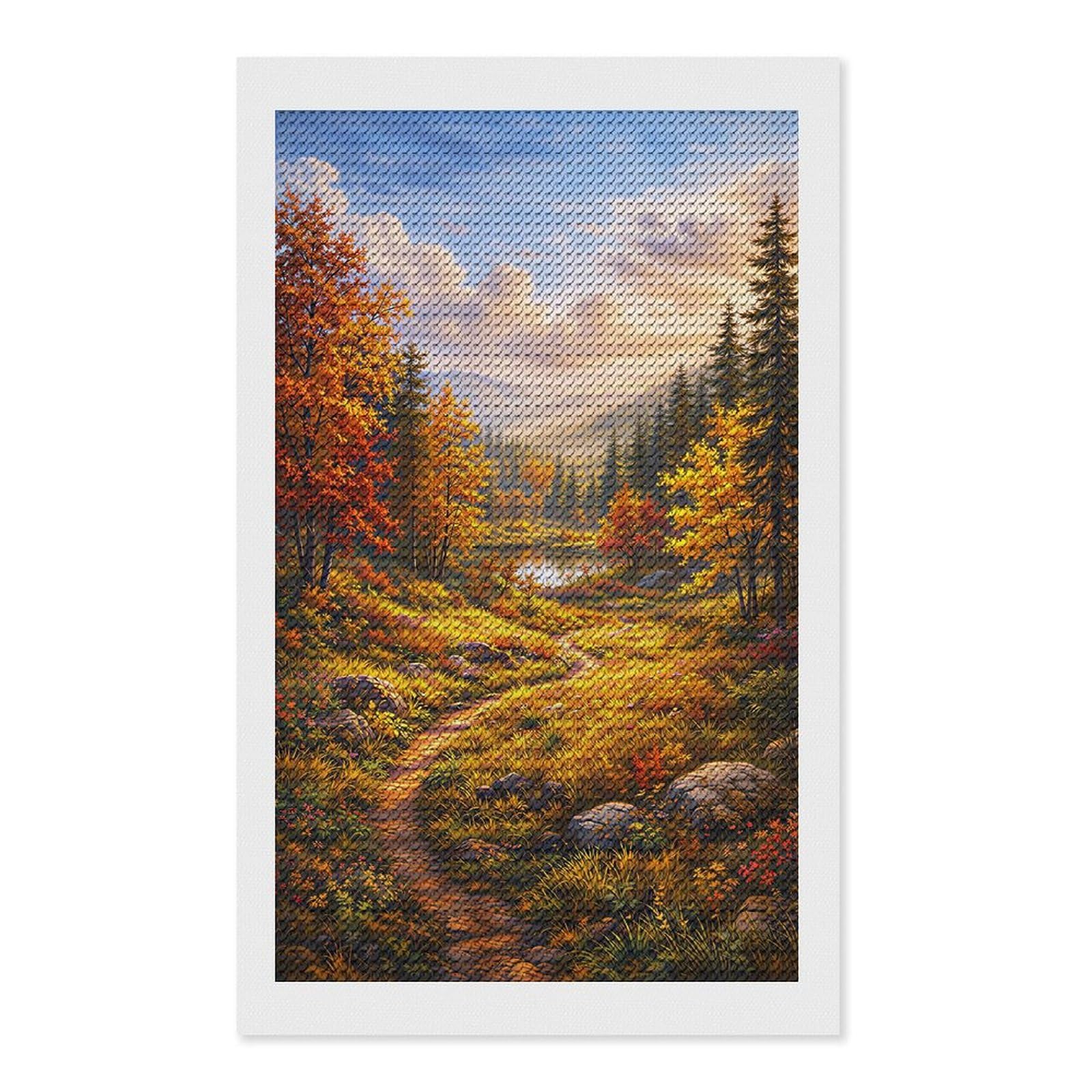 Junmoney Autumn Landscape with Path and Lake Diamond Art Canvas 12"x20", for Creative Relaxation, Simple to Start, Aesthetic Room Decor, Holiday Gift Idea