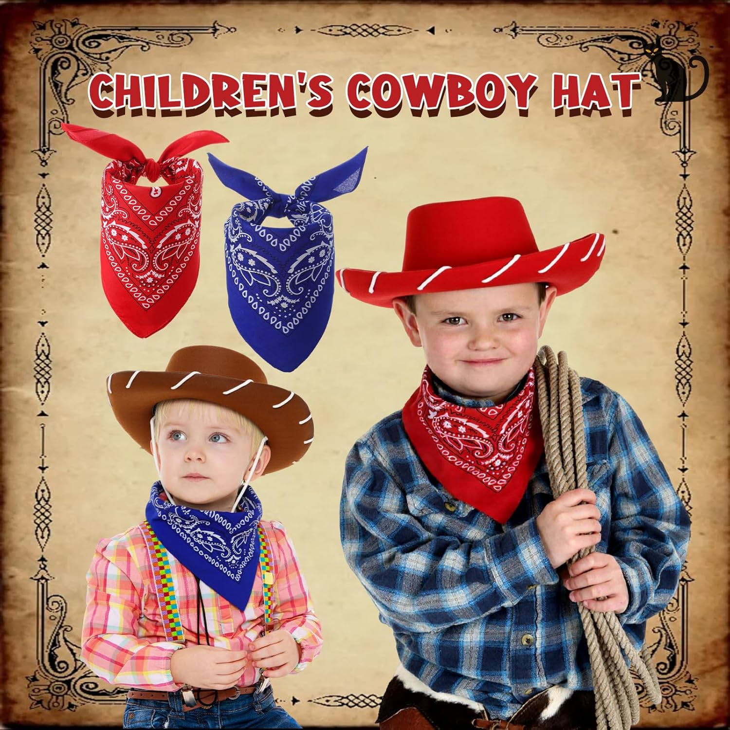 4 Pcs Child Western Cowboy Hats and Bandanas, Red and Brown Cowgirl Hats for Toddlers & Kids 3-6 for Halloween Costume - Image 4