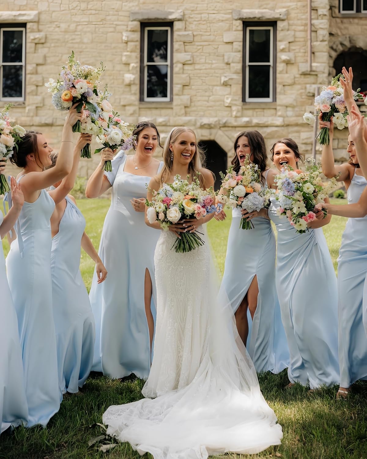 ForElise Satin Bridesmaid Dresses for Wedding Square Neck Puff Sleeve Formal Dresses for Women