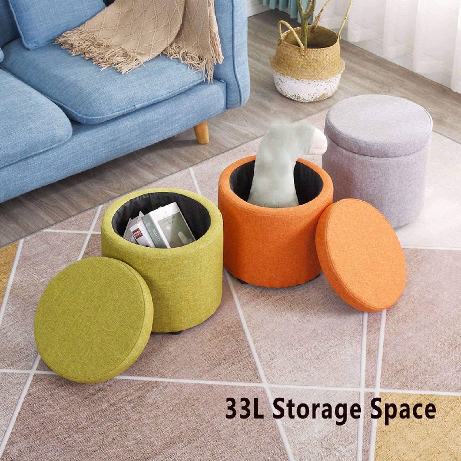 Poggiapiedi, Pouf in Lino, Contenitore Rotondo salvaspazio, poggiapiedi Adatto per Camera da Letto e soggiorno/giallo/32 * 32 * 32 cm