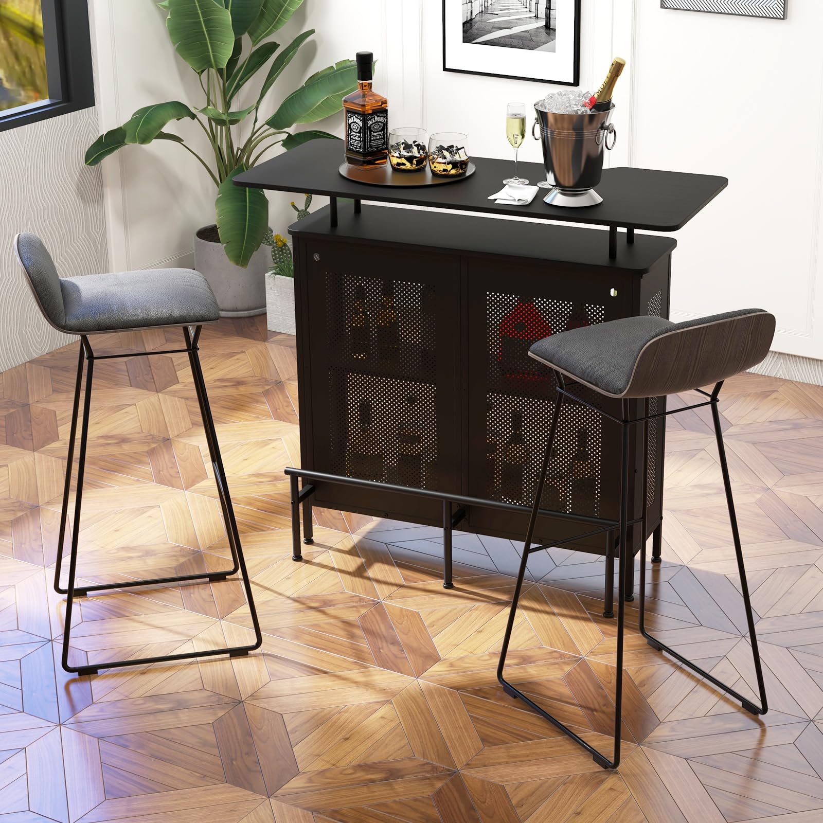 KOMFOTTEU Tavolo da bar con 1 ripiano rialzato e 6 portabicchieri, tavolo da vino a 4 livelli, tavolo da cucina con poggiapiedi in stile industriale, nero, 120 x 50 x 106,5 cm