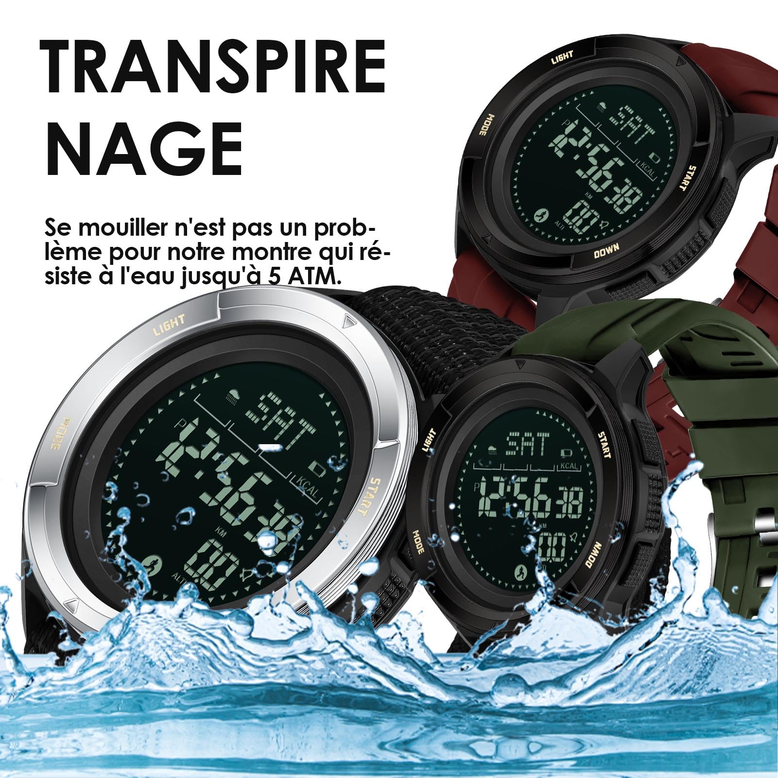 findtime Montre Sport pour Homme Bracelet en Silicon Montre de Randonnée,avec Métronome, Boussole Chronomètre, Podomètre Montre Numérique Digitale Étanche 5ATM Cadran Bonne Lisibilité dans La Nuit