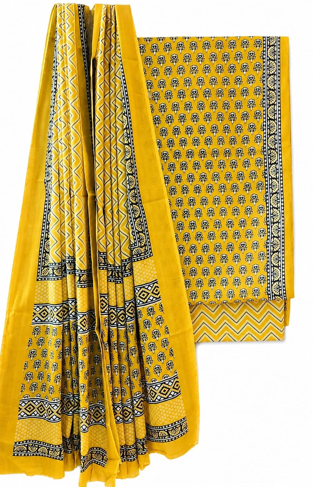 Women's Unstitched Cotton Blend Printed Dress Material Set | Mustard Yellow Floral Print with Chevron Bottom | Matching Dupatta | Ethnic Salwar Suit Fabric-picture-14