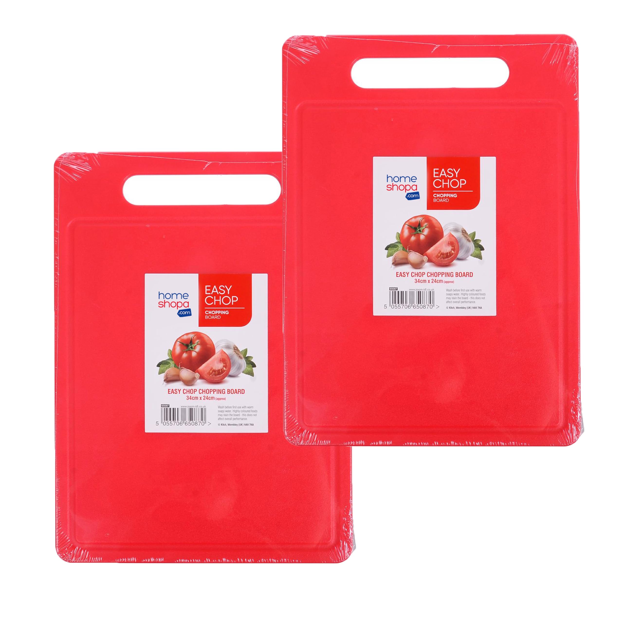 HOMESHOPA Plastic Chopping Board, 2 Pack BPA Free Kitchen Cutting Board, Non Slip Surface, Easy-Grip Handles, Dishwasher Safety, Large Board for Fruits/Vegetables/Meats, 34 x 24cm, Red