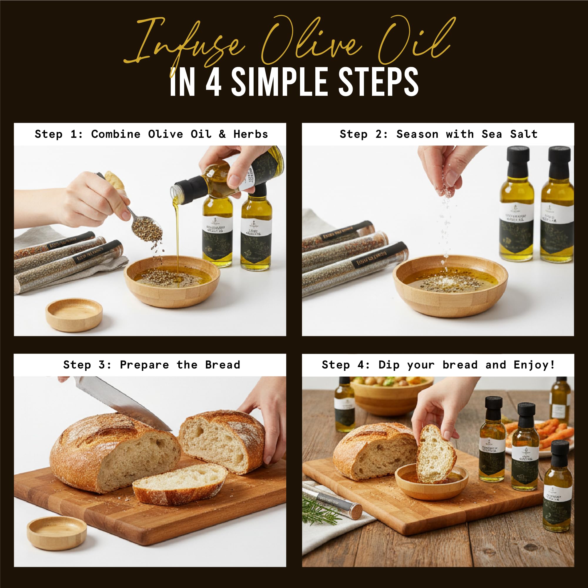 Infused Olive Oil Gift Set – Variety Pack - 4 Flavored Olive Oil Extra Virgin, 3 Spice Flavorful Infusion Blends, Bread Dipping Bowl & Recipe Booklet - Set of 8 – Gourmet Cooking Gifts for Women - Mothers Day Gifts For Mom