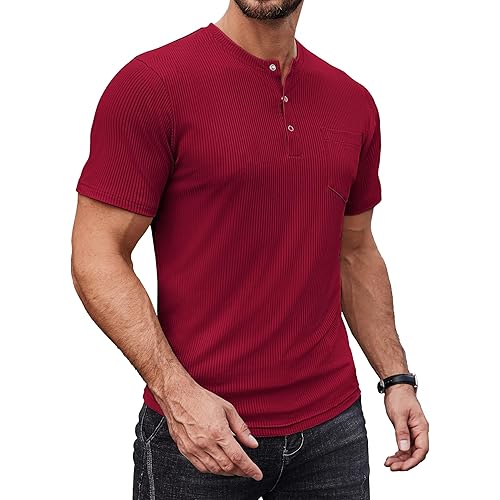 COOFANDY Mens Henley Shirts Short Sleeve Tshirt Basic Button Tees Summer Ribbed Pocket T Shirt Casual Stretch Tops