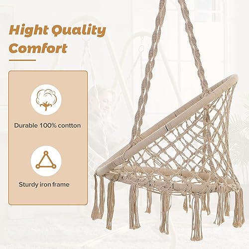 Miniatura 6 de Merax Silla columpio hamaca con soporte, silla colgante resistente con borlas para dormitorio, interior, color beige