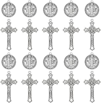 20 Pcs Catholic Rosary Making Kit, 10 St. Benedict Medals & 10 Crucifix Cross Pendants, Antique Bronze Metal Charms Connectors for DIY Pocket Rosaries, Necklaces and Jewelry Crafts Antique Silver