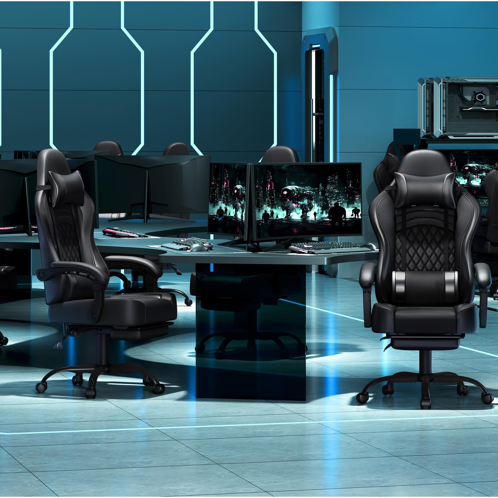 Sedia da Gaming Massaggiante, Sedia da Ufficio con Poggiatesta, Poggiapiedi e Cuscino Lombare, 360° Girevole, Regolabile in Altezza, Poltrona Gaming per Computer, Ufficio (Nero)