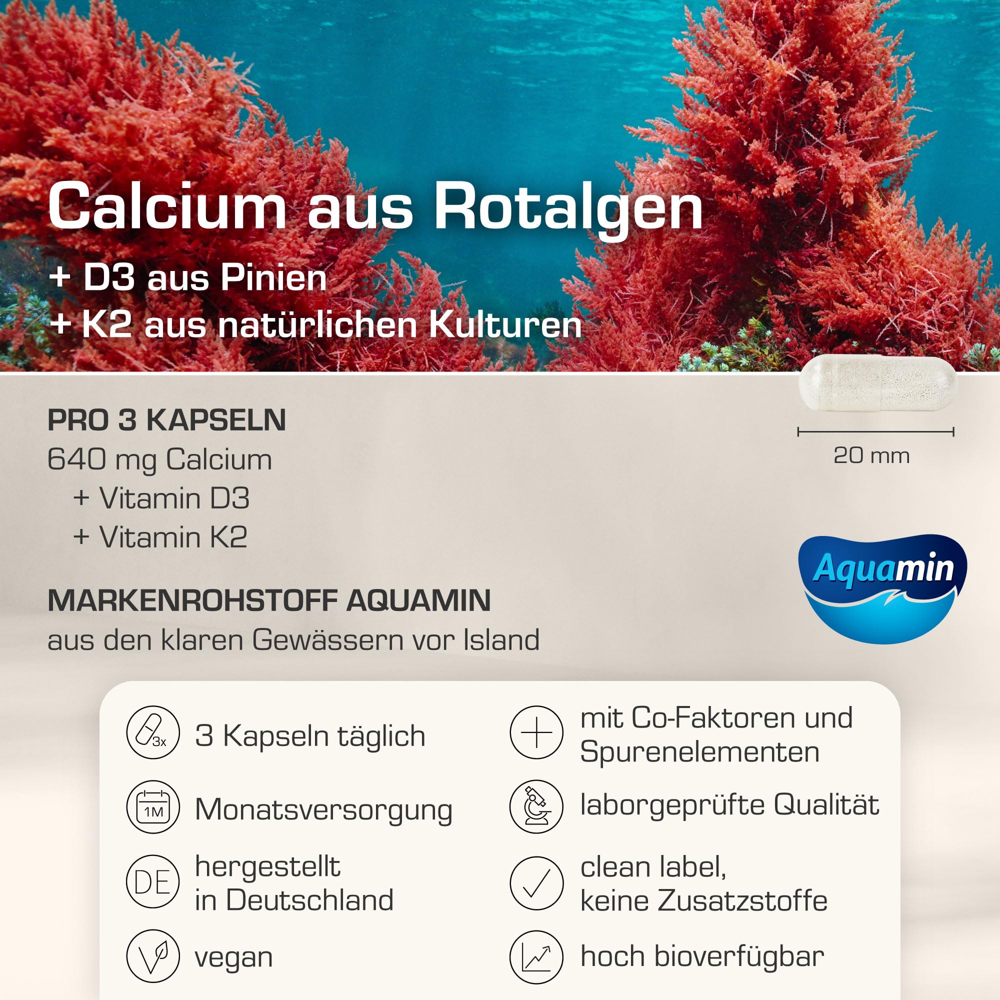 Purabyo Calcium mit Vitamin D3/K2 | im Glas | Hochdosiert 640 mg | Aquamin natural Calcium aus Rotalgen | natürliches Kalzium | Calcium hochdosiert | vegan, laborgeprüft und in Deutschland hergestellt
