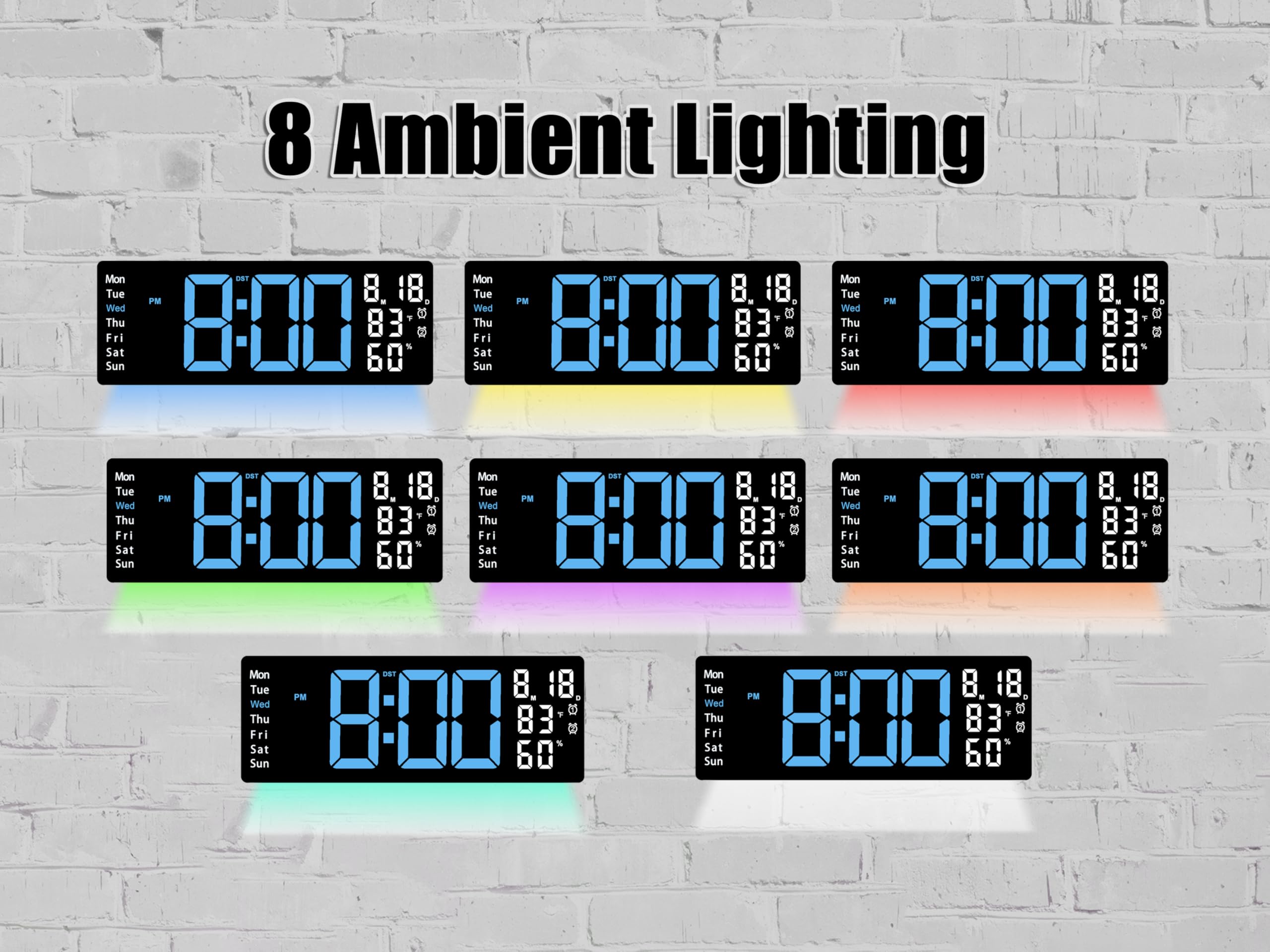 Horloge murale numérique LED bleue de 44,5 cm avec 8 couleurs de lumière ambiante | Affichage de l'heure, de la date, du jour, de la température et de l'humidité, deux alarmes, compte à rebours et