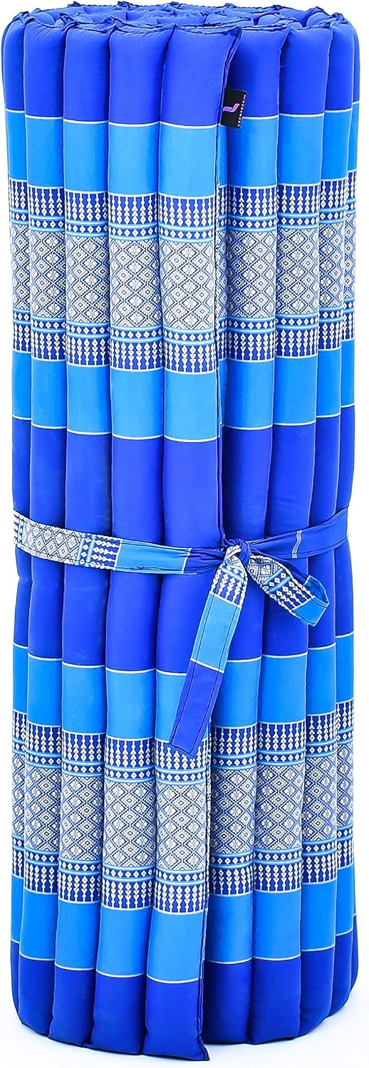 Leewadee - Kapok Roll Mat – Handcrafted Folding Sleep & Relaxation Mattress from Thailand, Ideal as Guest Bed, Camping Mat, Yoga Mat or Traditional Futon, 75 x 39 inches, Blue image 4