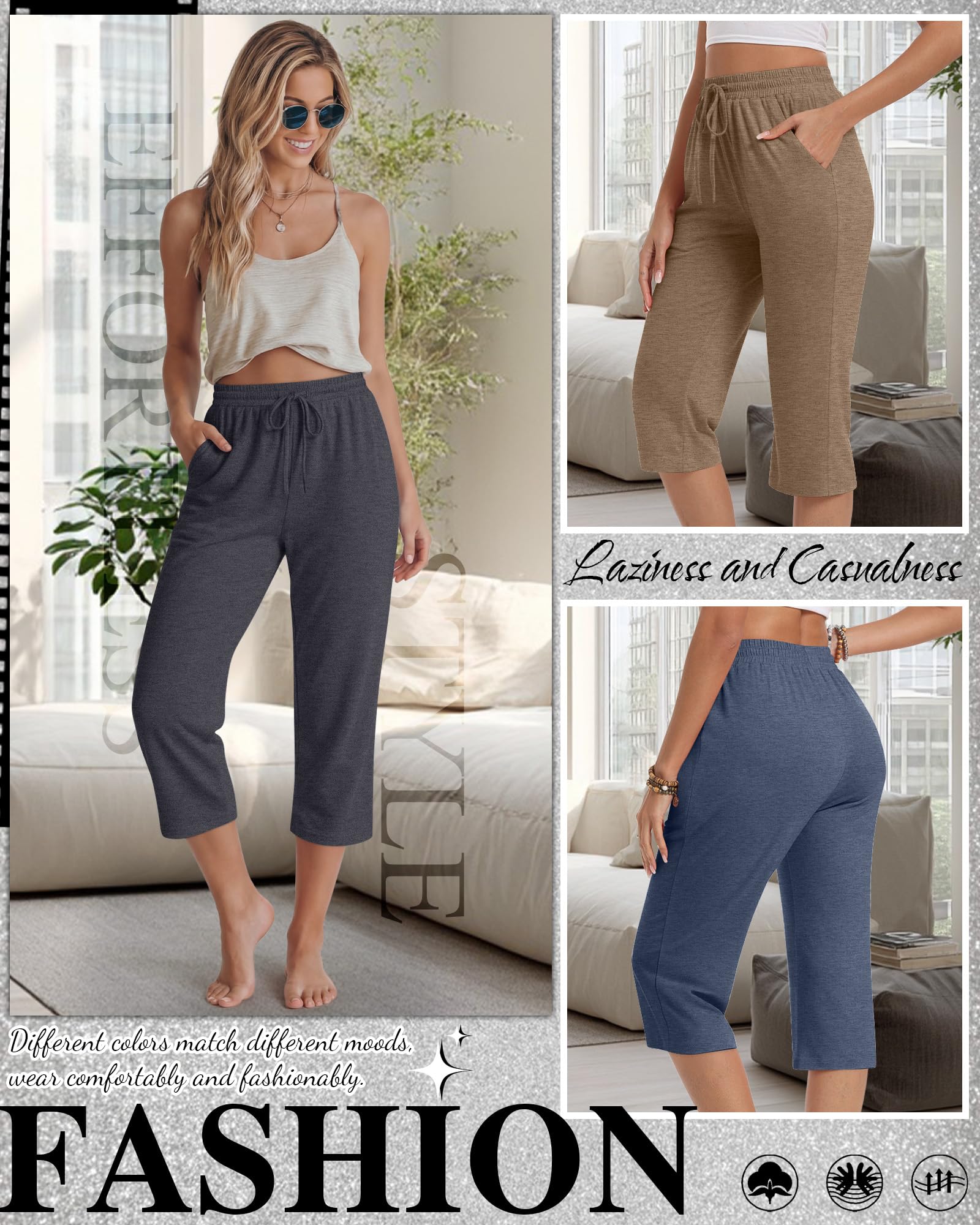 Neer Lot de 4 Pantalons Capri à Jambes Larges pour Femme - Pantalon de Yoga avec Cordon de Serrage - Coupe Ample - avec Poches