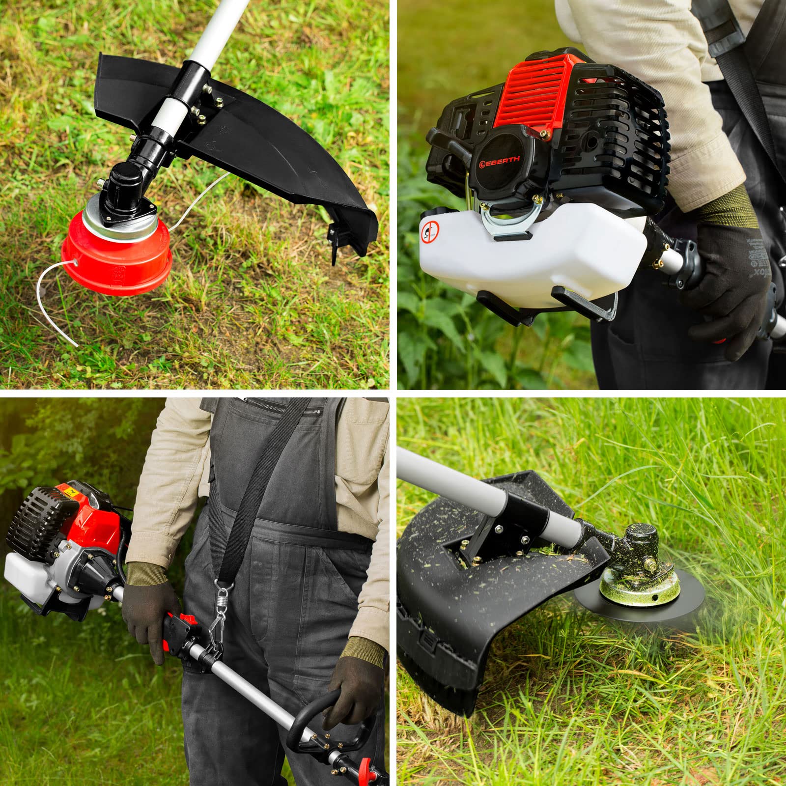 EBERTH Motorsense Freischneider Rasentrimmer Multitool 4in1 Benzin, Tragegurt Inkl., 3PS, 52ccm Hubraum, 2-Takt Motor, Fadenkopf mit Tippautomatik, Dickichtmesser, Heckenschere, Astsäge, Seilzugstart