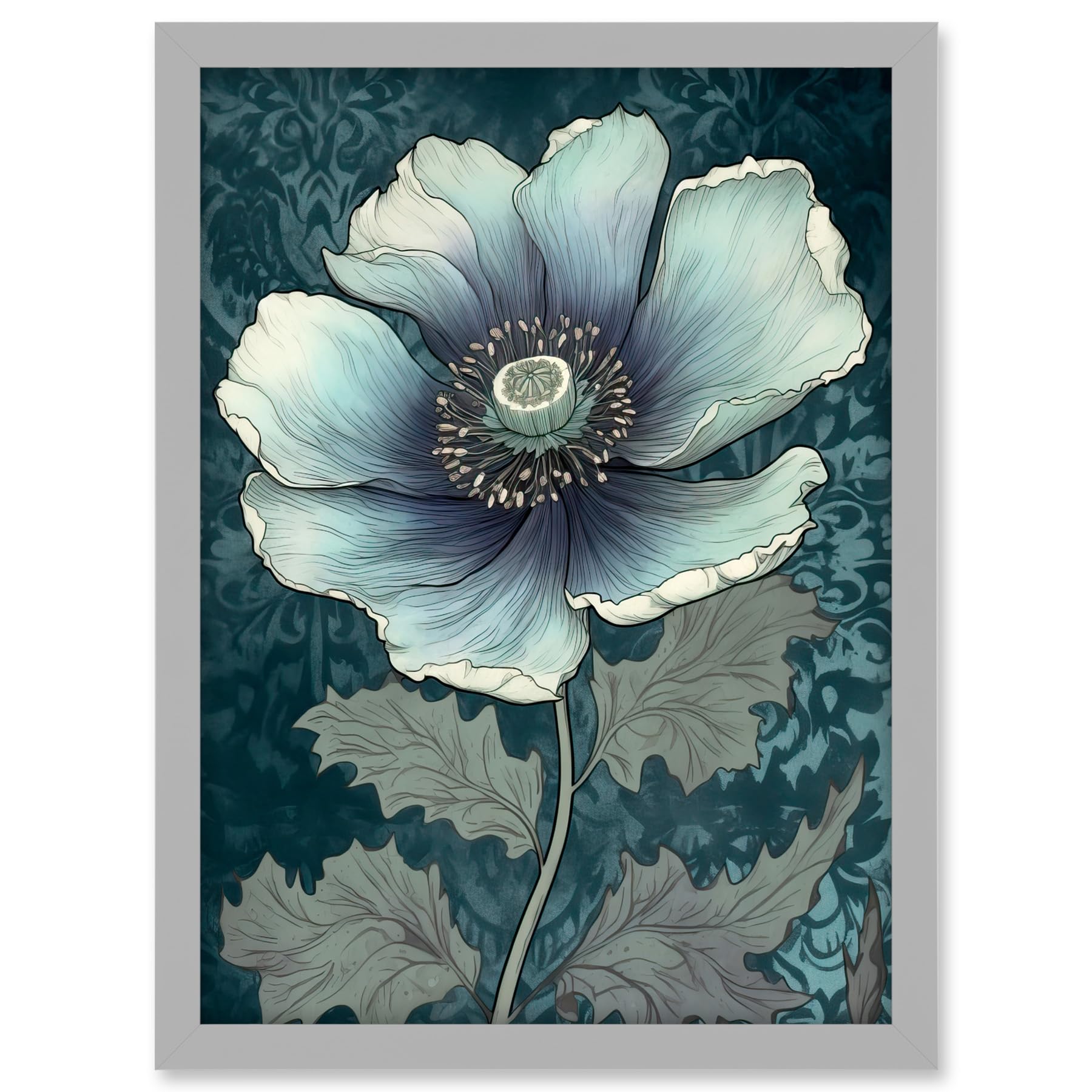 Anemone Flower Bloom Teal Blue Watercolour Artwork Framed A3 Wall Art Print