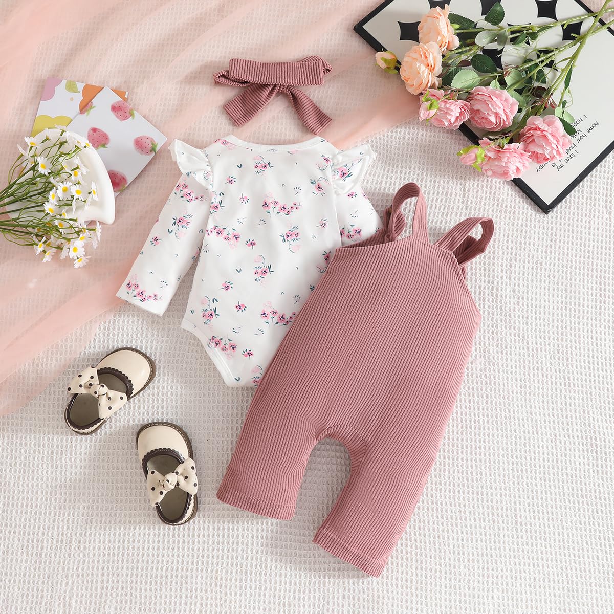 3tlg Baby Mädchen Kleidung Outfits Set Blumen Strampler Tops+ Einstellbare Overalls Pants+Stirnband für 0-18 Monate
