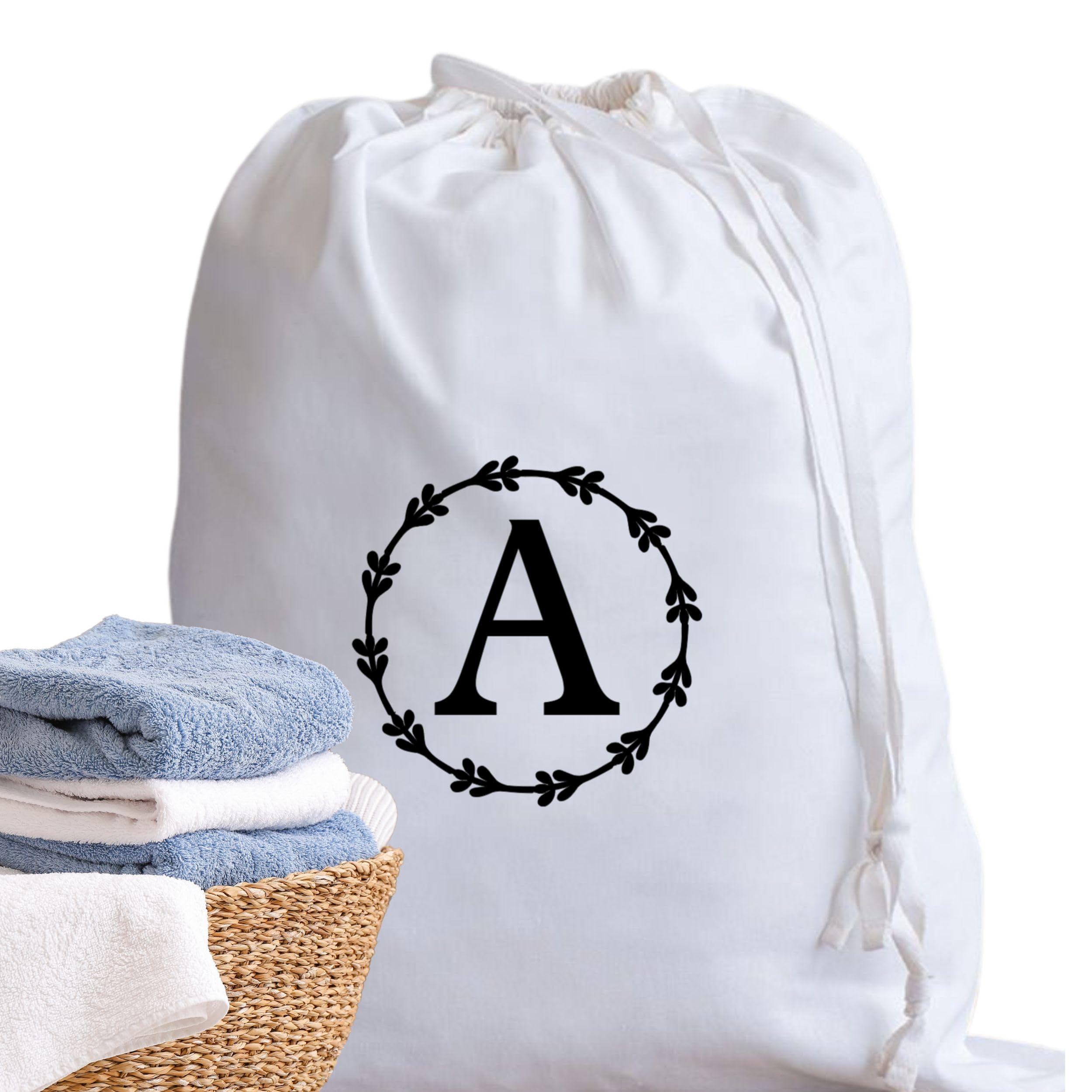 A-Z Cotton Laundry Bag Personalised Initial Gifts - Holiday Essentials Bathroom Accessory Dry Bag Drawstring Bags for Travel Camping University Essentials Personalised Gift Monogram A