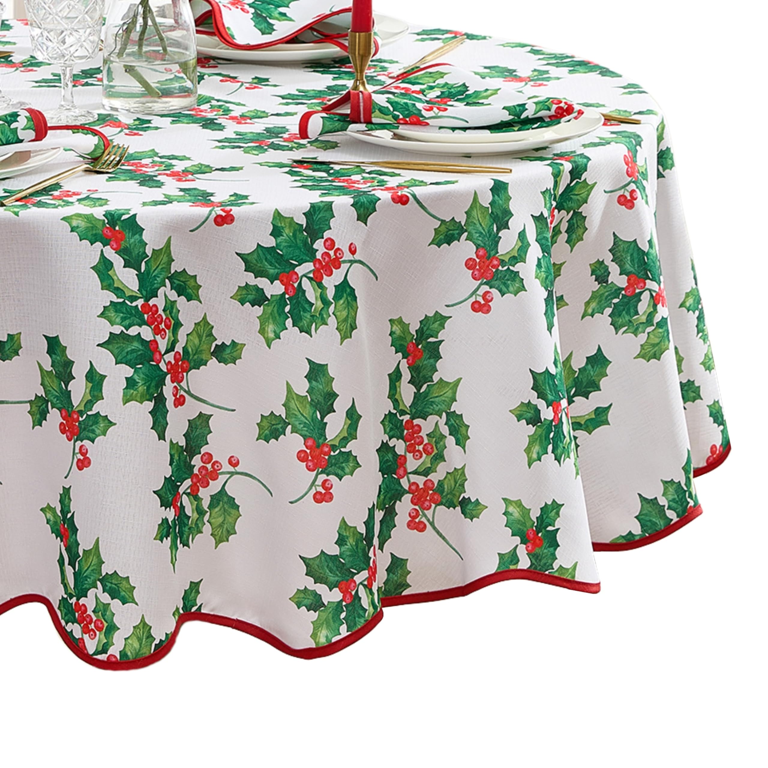 Elrene Home Fashions Vintage Holly Scalloped Edge Border Christmas/Holiday Wrinkle Resistant Oval Dining Tablecloth, 60"x84"