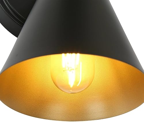 Miniatura 7 de Aplique de pared, 1 aplique de pared negro y dorado, lámpara moderna de pared de granja con pantalla de metal para dormitorio, sala de estar,