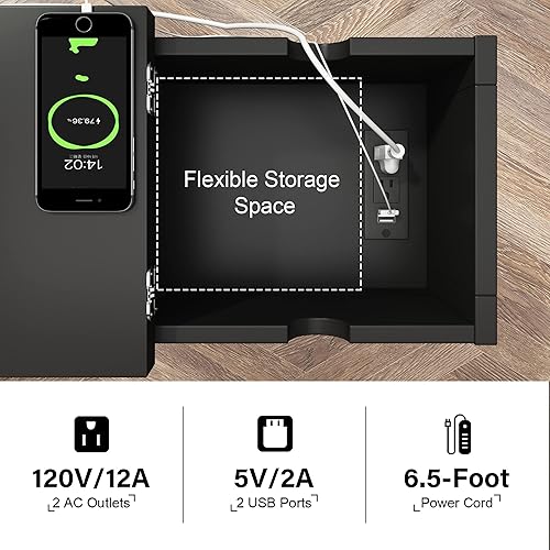 Miniatura 5 de ChooChoo Mesa auxiliar con estación de carga, mesa auxiliar estrecha abatible con puertos USB y tomas de corriente para espacios pequeños, mesita de