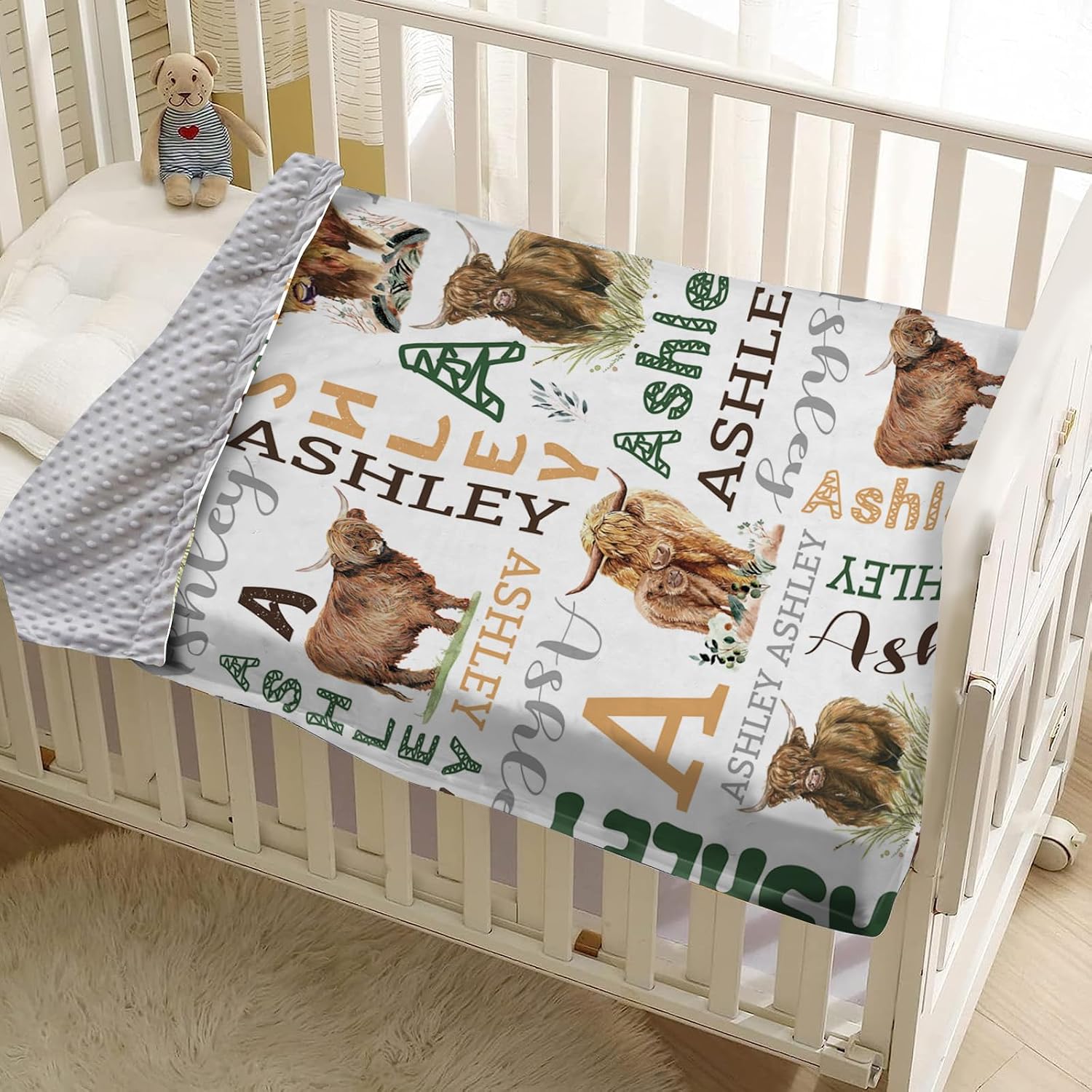 Personalized Baby Blanket - Custom Highland Cow Blankets with Name - Soft Plush Flannel Throw Blanket with Double Layer Dotted Backing for Boys Girls Gift Color18