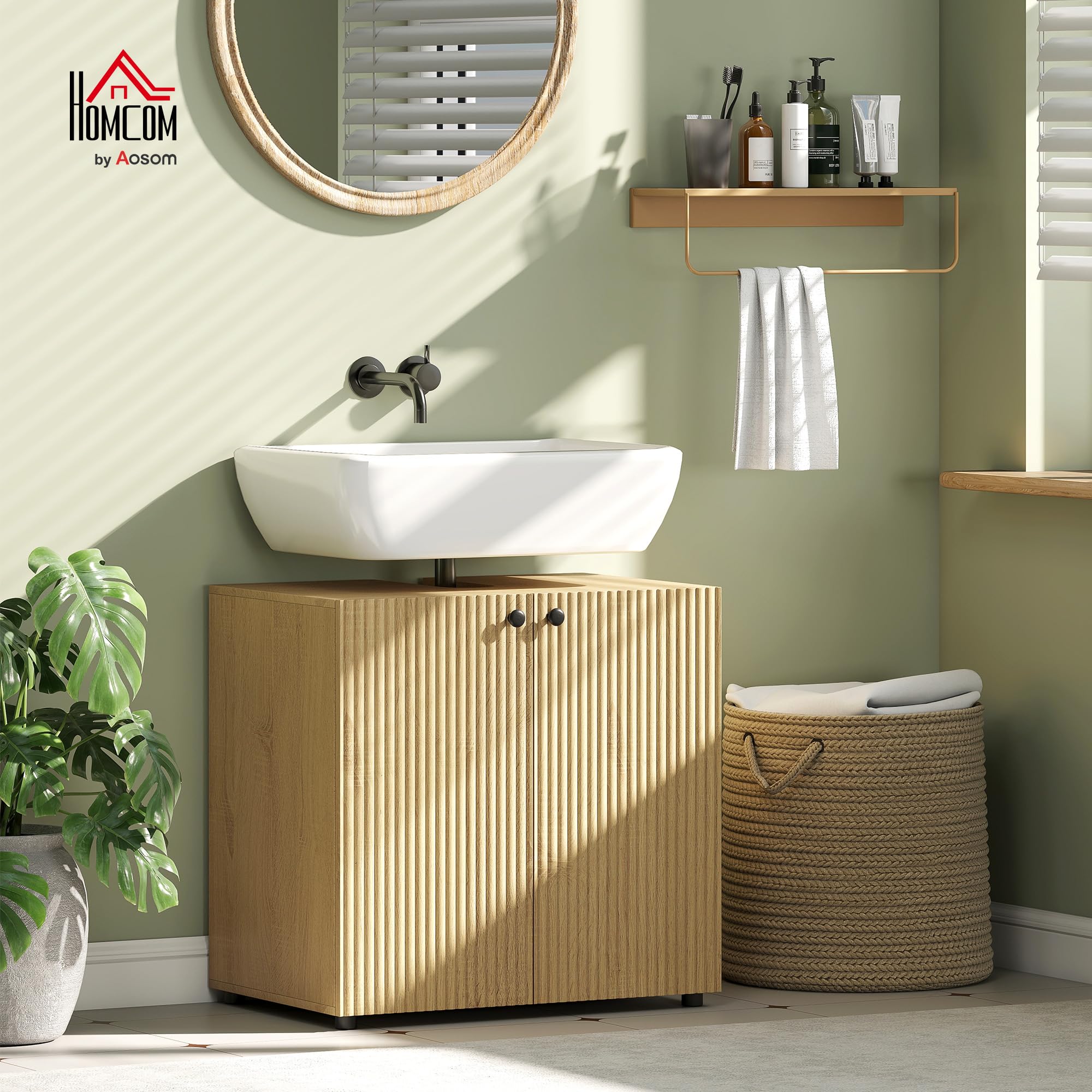 HOMCOM Mueble bajo Lavabo 2 Puertas 60x39,8x58,5cm Efecto Madera Natural | Cierre suave, estante ajustable, armario bajo lavabo para baño
