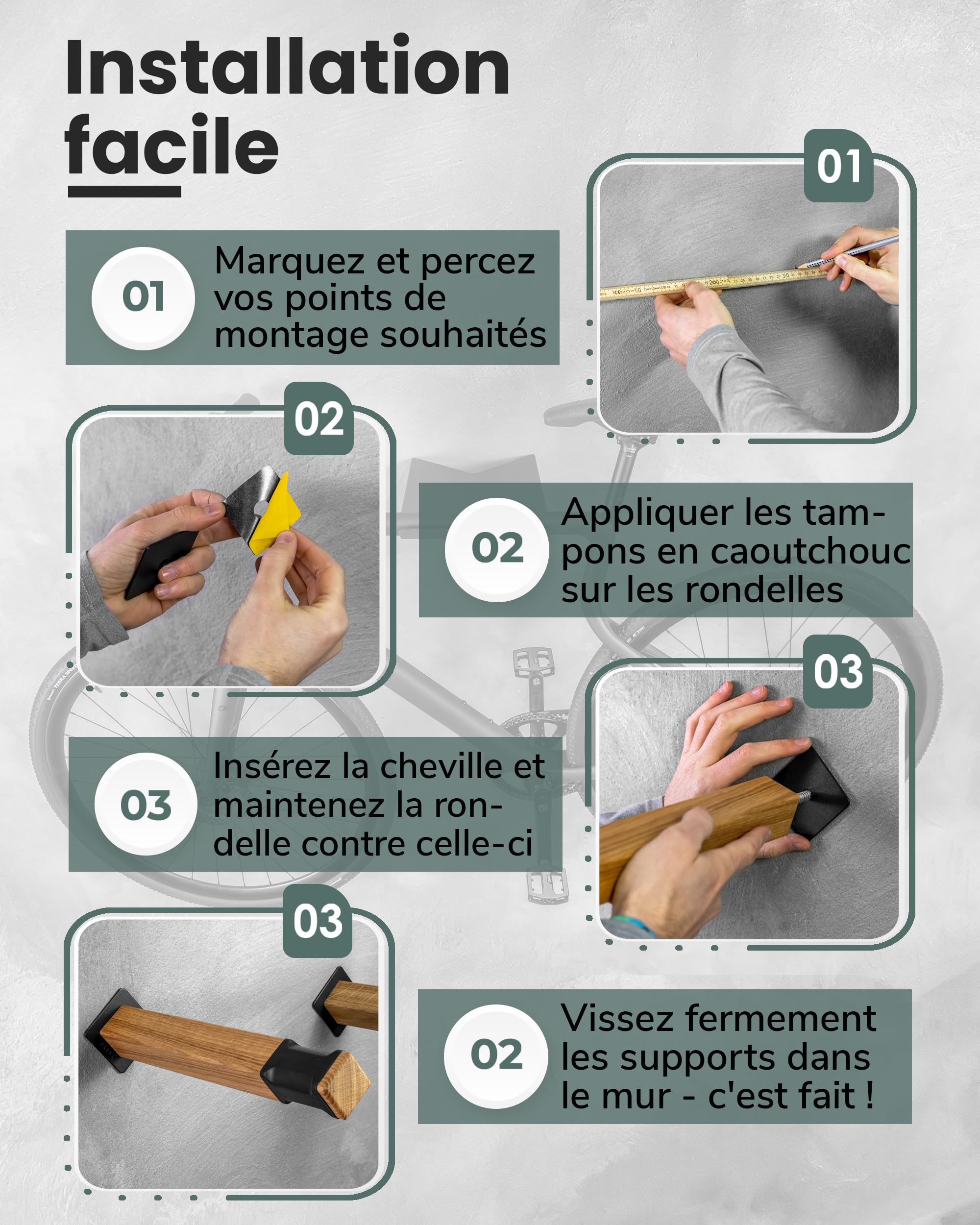 PARAX Support mural pour vélo - Bois et chambre à air - Bâtons de porte-vélos jusqu'à 20 kg - Rangement intérieur des vélos