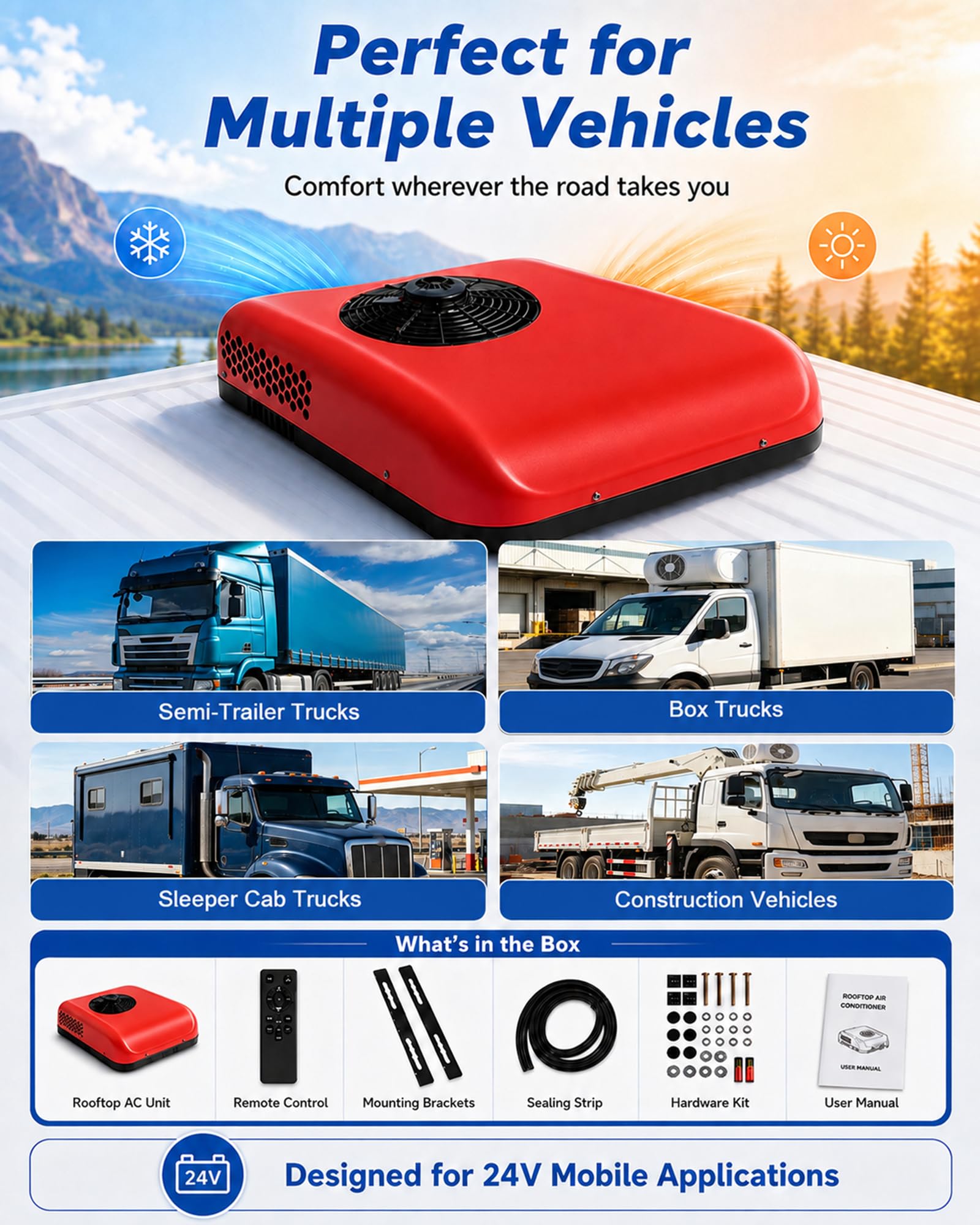 Dachowy Klimatyzator 12V/24V DC do Kampera i Ciężarówki Red-24V