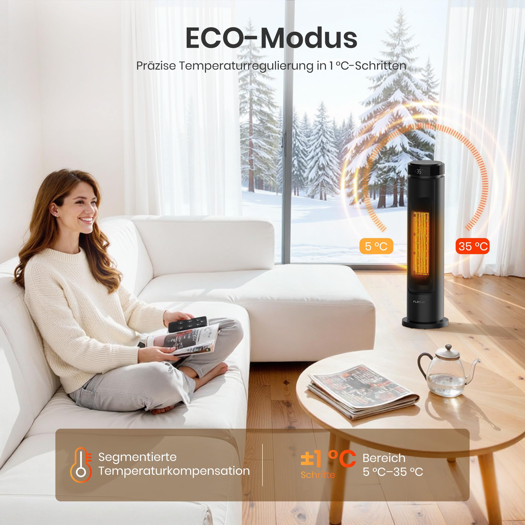 Heizlüfter Energiesparend, 2000W PTC Keramik Heizlüfter, 36dB Leise, Thermostat, 70° Oszillation, 12H Timer, Überhitzungs-Kippschutz, Elektroheizung für Innenräume, 60cm, Schwarz,1 Pack+3 Modi