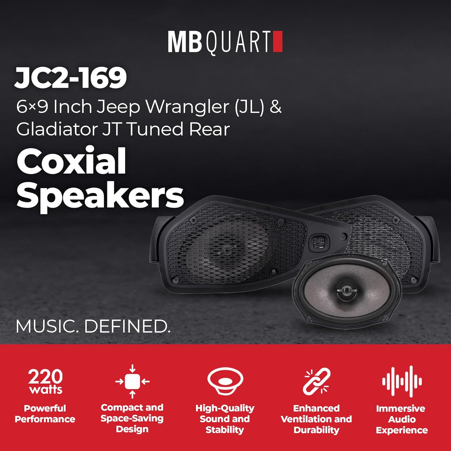MB Quart 6x9" Tuned Rear Coaxial Speakers Upgrade for Jeep Wrangler JL 2024-2026/Gladiator JT 2020-2023, with Magnesium Dome Tweeter, 220W Peak Power