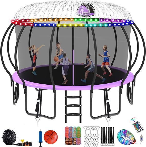 DeepRoar Tranpoline 8/10/12/14/15/16FT Pumpkin Tranpoline for Kids, Heavy Duty Outdoor Tranpolines with Basketball Hoop, Safety Enclosure Net, Light, Sprinkler, Socks, ASTM Approved