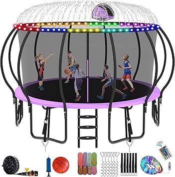 DeepRoar Tranpoline 8/10/12/14/15/16FT Pumpkin Tranpoline for Kids, Heavy Duty Outdoor Tranpolines with Basketball Hoop, Safety Enclosure Net, Light, Sprinkler, Socks, ASTM Approved