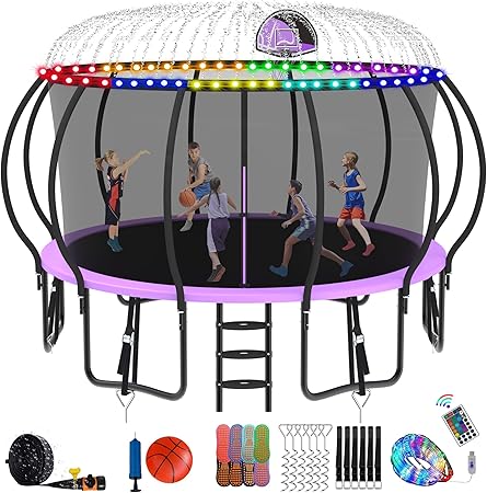 DeepRoar Tranpoline 8/10/12/14/15/16FT Pumpkin Tranpoline for Kids, Heavy Duty Outdoor Tranpolines with Basketball Hoop, Safety Enclosure Net, Light, Sprinkler, Socks, ASTM Approved