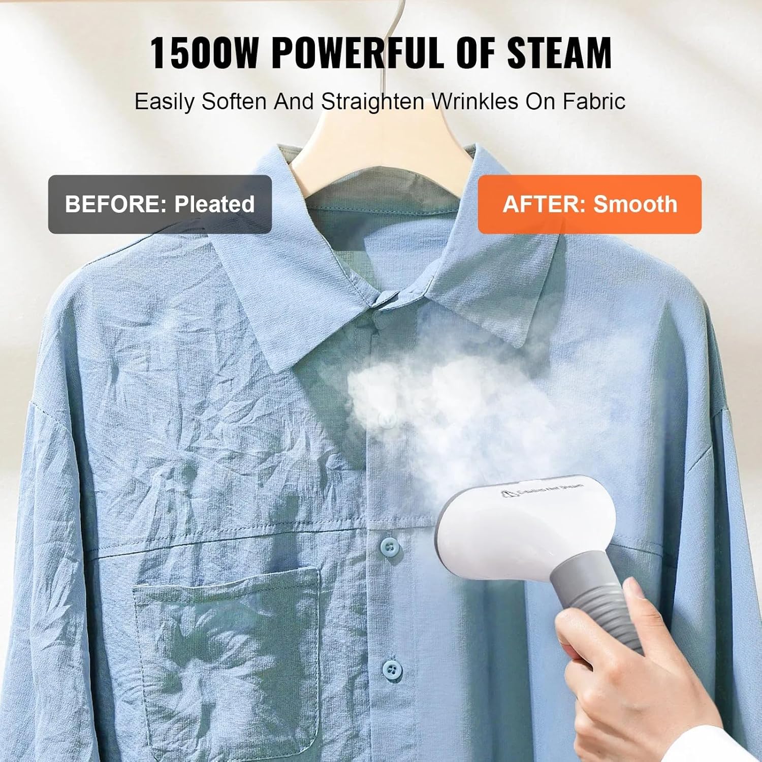 Standing Steamer with Garment Hanger, 1.7L Water Tank for 90min Continuous Steaming, Heats in 45 Seconds, Double-Insulated Steam Hose