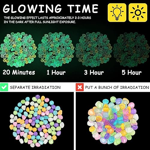 Miniatura 6 de Piedras brillantes, 200 piedras brillantes, piedras que brillan en la oscuridad para decoración al aire libre, jardín césped, guijarros luminosos