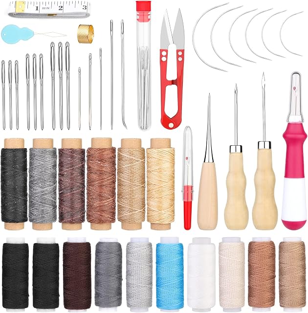 46Pcs Leather Sewing Upholstery Repair Kit with 10 Colors Sewing Thread, Waxed Thread, Leather Sewing Needles, Awl, Scissors, Thimble, and Tape Measure for Beginners and Professionals Leather Craft