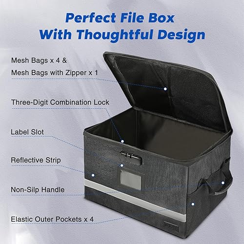 Miniatura 3 de Caja de documentos ignífuga con cerradura, caja de seguridad impermeable antiestática, plegable, portátil, para oficina, hogar, archivador con tira