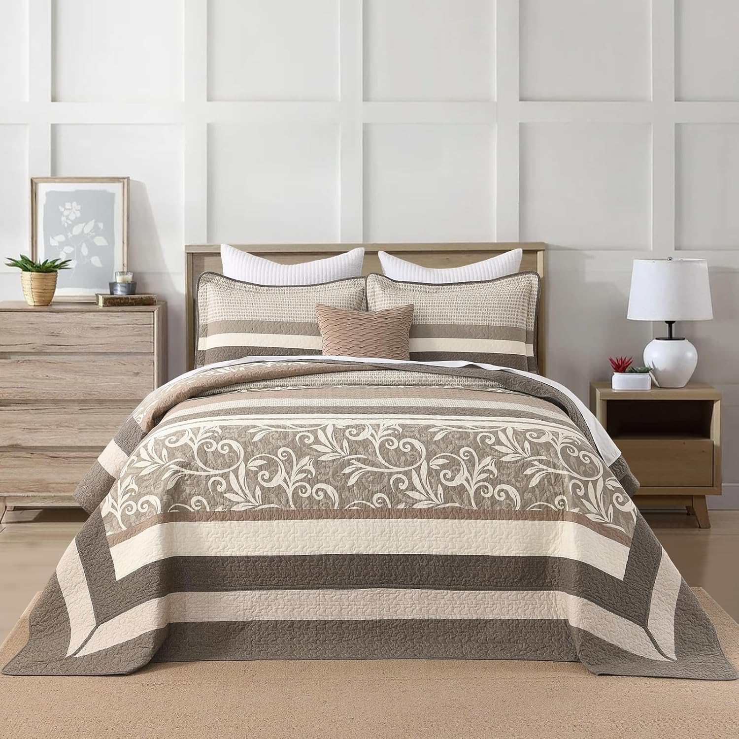 Lightweight King Bedspreads 120x120, 100% Cotton Oversized Quilt, Striped Botanical Pattern Coverlet, Reversible Farmhouse Quilted Bedding Set 3 Piece, Brown/Beige - Image 2