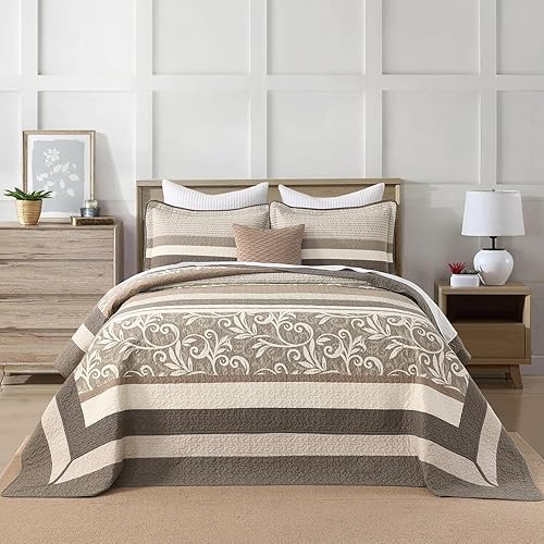 Miniatura 2 de Colchas ligeras tamaño King de 120 x 120 pulgadas, edredón de gran tamaño 100% algodón, colcha de patrón botánico a rayas, juego de ropa de cama